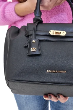 Donna DOUBLE CHECK Borsa a Mano Nera con Dettagli Oro 18248-1