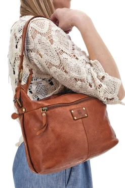 Donna ROUTE 66 Borsa A Spalla Marrone in Vera Pelle con Tasca Frontale 61906