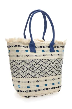 Donna BASILE Borsa in tessuto bianco con manici blu e motivo etnico BA24601