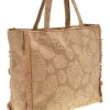 Donna BASILE Borsa Mare Beige in Tessuto con Stampa Foglie e Frange CLASS BA22208