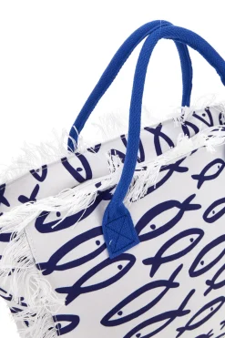 Donna SELUN BEACH Borsa mare bianca e blu in tessuto con frange 261020