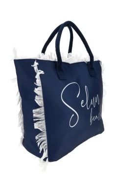 Donna SELUN BEACH Borsa mare blu in tessuto con frange 261008