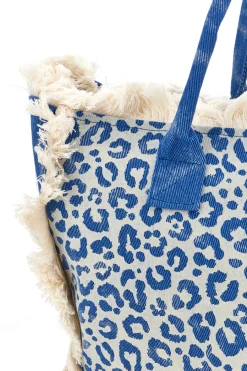 Donna BASILE Borsa Mare Blu in Tessuto Denim con Stampa Animalier e Frange CLASS BA22223
