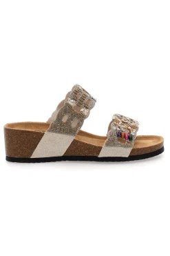 PRIMA RIGA Ciabatte con doppia fascia decorata con strass e perline 14607 BEIGE Clearance