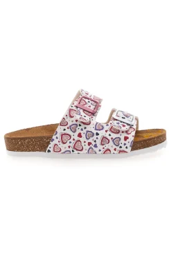 PITTARELLO BIO Ciabatte bianche con stampa cuori e doppia fibbia 257A2SR