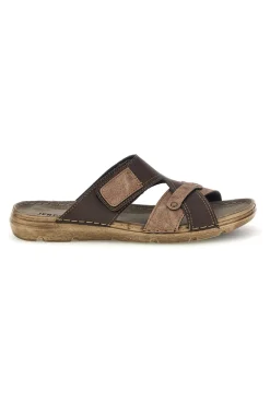 Uomo JERPOINT Ciabatte marroni con velcro e sottopiede in vera pelle 8013PSSK