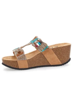 PRIMA RIGA Ciabatte marroni con zeppa e perline 14606 CAMEL
