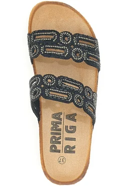 PRIMA RIGA Ciabatte nere con doppia fascia decorata e zeppa effetto sughero 14226 NERO Discount