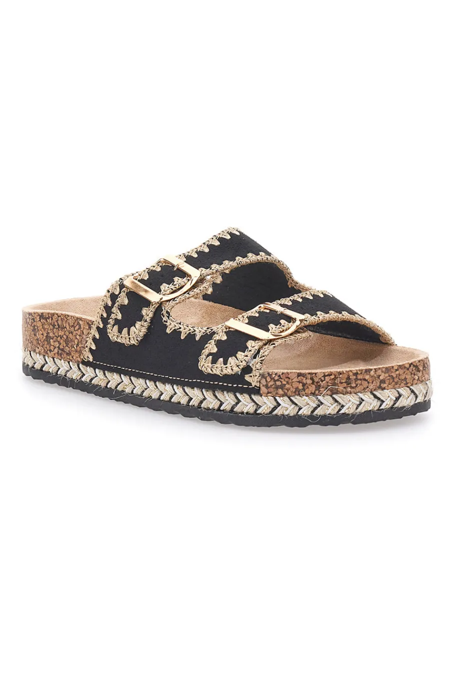 ME u0026 ME Ciabatte nere con doppia fibbia in tessuto ricamato ME & ME 184 NERO Clearance