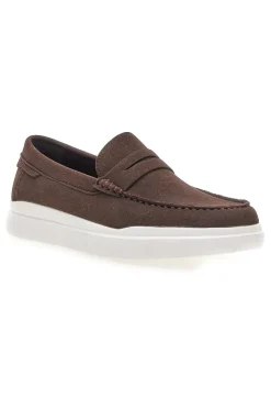 Uomo LONGFORD Mocassini caffè slip on con suola bianca C53086
