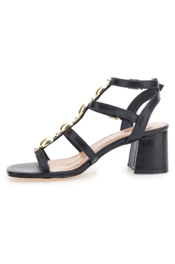 MON DIEU Schwarze Sandalen mit goldenen Steinen und breitem Absatz 1644 NERO, PLATINO Outlet