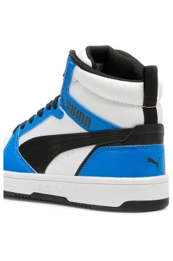 PUMA Sneakers alte bianche blu e nere stile basket Rebound V6 Mid Jr