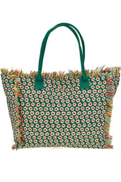 Donna BASILE Strandtasche aus grünem Stoff mit Blumendruck und mehrfarbigen Fransen CLASS BA22214