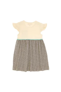 PITT KIDS Vestito Beige con Gonna Animalier e Dettagli Azzurri PT-K-SK-7003
