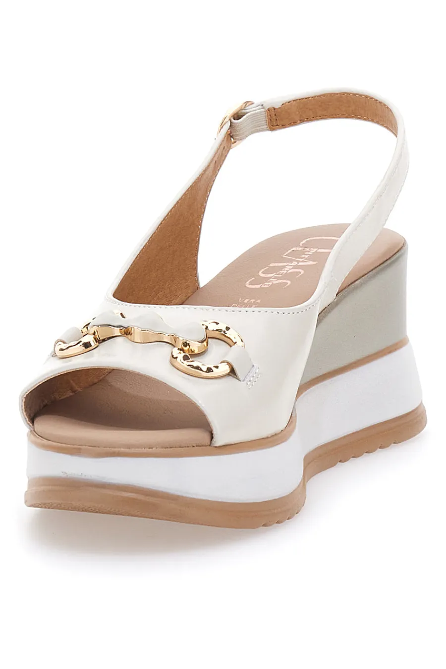PITTARELLO CLASS Weiße Ledersandalen mit Keilabsatz und Kette Made in Italy 21243 ELFENBEIN Discount