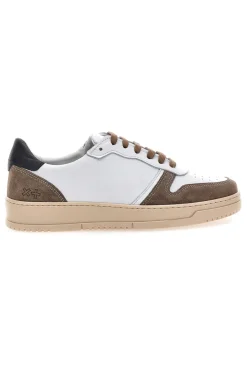 Uomo PTR Weiße Sneakers aus echtem Leder mit braunen Details 3002