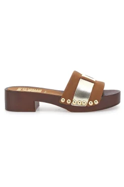 PITTARELLO LOVE Zoccoli bassi marroni con fascia oro Atene 8657 Clearance